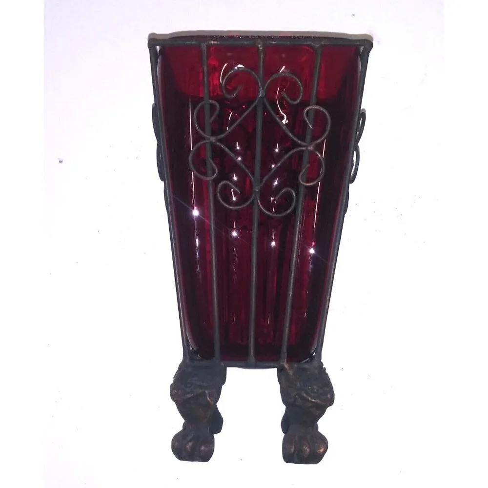 Vintage Vase Metal caged/imprisoned Bubbled RED Glass Footed Art glass vase EUC